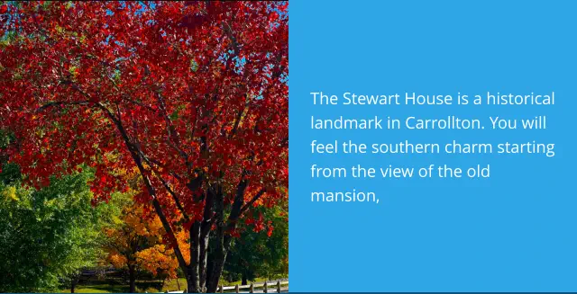 The Stewart House is a historical landmark in Carrollton. You will feel the southern charm starting from the view of the old mansion,